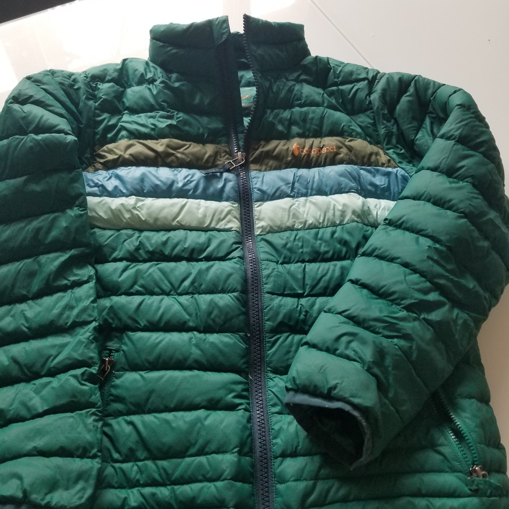 Cotopaxi Kids Green Quilted Puffer Jacket with Blue Stripe, SIZE MEDUIM